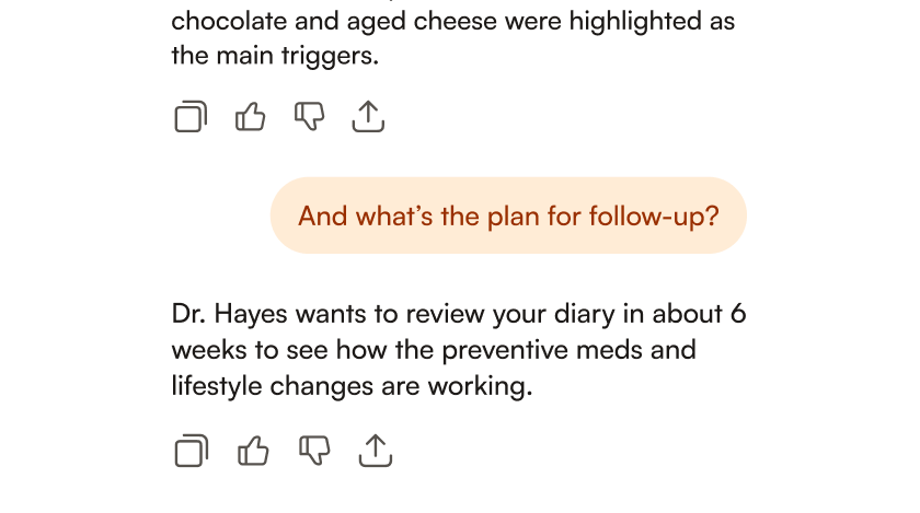 Text conversation snippet with a highlighted question in an orange rounded rectangle: 'And what's the plan for follow-up?'