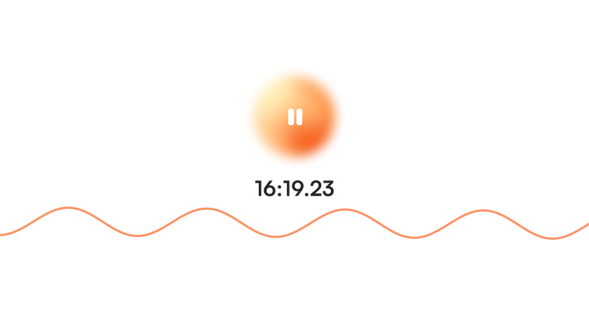Orange circular button with pause symbol above a red waveform and the timer reading 16:19.23.