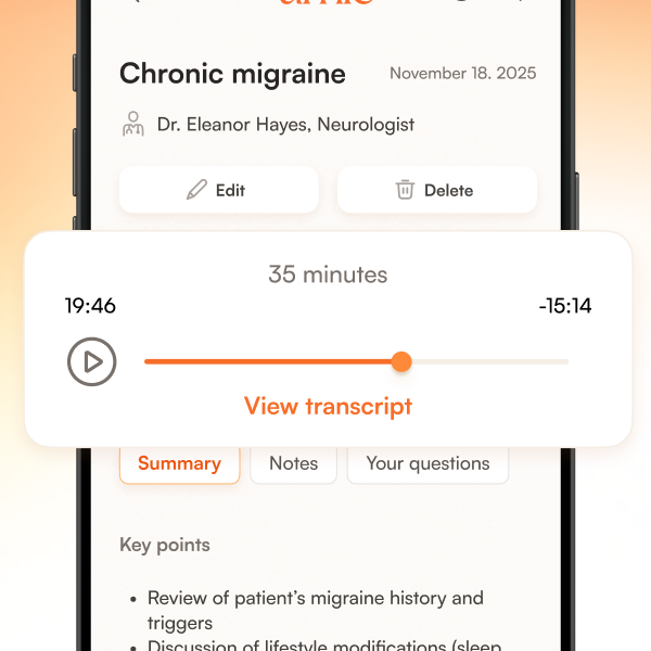 A recording box that shows medical consultation with pause and play option and possibility to see transcript