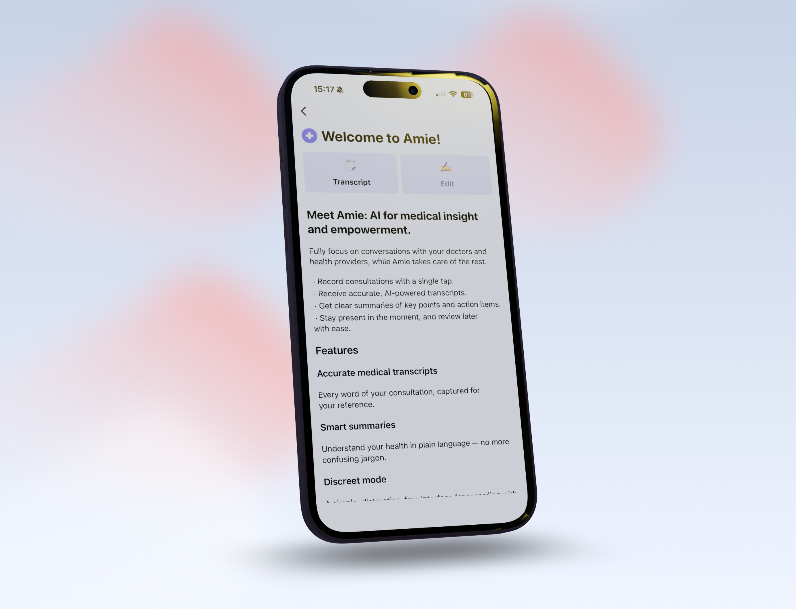 phone screen welcome to amie summary recording