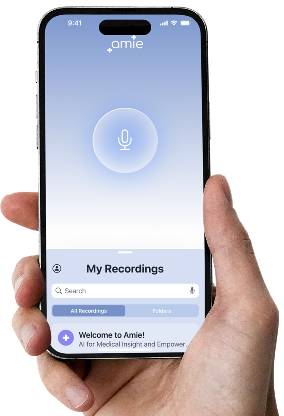a hand holding phone with Amie Medical AI App