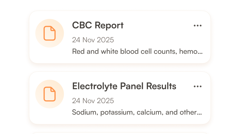 Two medical report cards dated 24 Nov 2025: CBC Report mentioning red and white blood cell counts, and Electrolyte Panel Results listing sodium, potassium, and calcium.